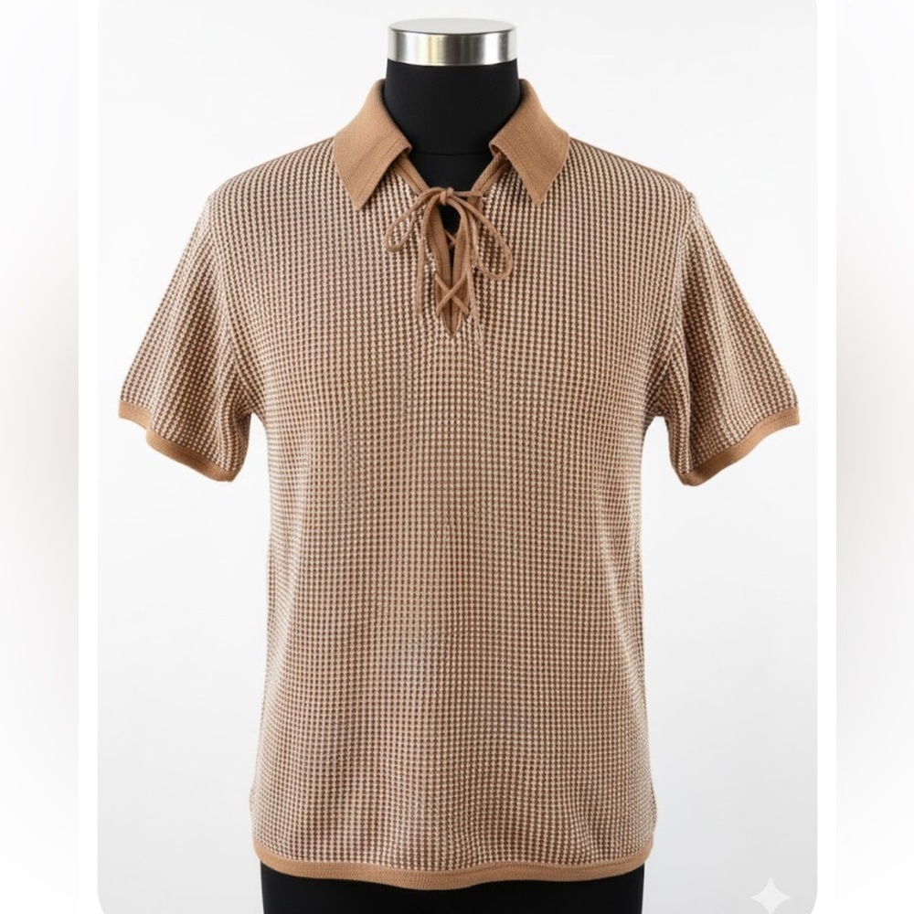 Vintage 70s St Michael Waffle Knit Johnny Collar Short Sleeve Sweater-Polo Sz 38